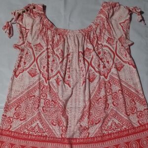 Maurice's Red Patterned Women's Top with Gathered Color or Cold Shoulder Top